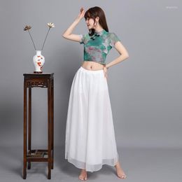 Work Dresses #9855 Printed Dance Clothes Sets Woman Skinny Short Tops Printing High Waist Elastic Wide Leg Pants Chiffon Long Trousers Femme