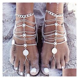 Anklets Summer Beach Anklet Gold Chian Jewelry Women Adjustable Sier Coin Sandal Foot Toe Ring Jewelry Dhogb