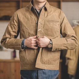 Mens Jackets Maden Retro Khaki Jacket Male Size M To 3XL Waxed Canvas Cotton Military Uniform Light Casual Work Coats Man Clothing 230927