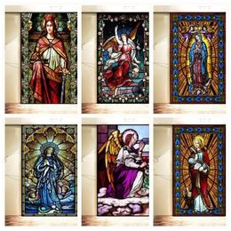 Wall Stickers Custom size Stained Glass Window Film European Retro Church Painted Frosted Static Cling Angels Christian Art Virgin Mary 230927