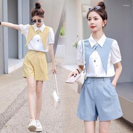 Women's Tracksuits Office Ladies Professional Two-piece Set Outfit: Classic Long-sleeved Lapel Shirt With Vest High-waisted Short Pants 2pcs