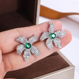 Stud Earrings Sweet Temperament Flower Micro-studded With Diamond 925 Silver Ear Needle Emerald Zircon Party Birthday Jewelry Gift