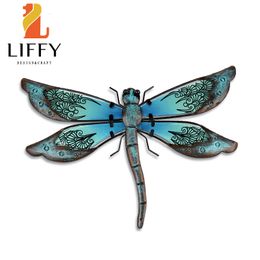 Decorative Objects Figurines Metal Dragonfly with Glass Wall Artwork for Garden Decoration Animal Outdoor Statues and Sculptures Decoration of Yard 230926