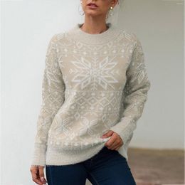 Women's Sweaters Womens Autumn Pullovers Round Neck Warm Soft Geometric Pattern Print Knit Sweater Snowflake Pullover Knitwears