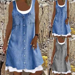 Casual Dresses Women Denim Print Dress O Neck Sleeveless Loose Two