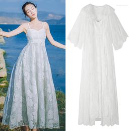Casual Dresses Sexy Spaghetti Strap White Backless Lace Embroidery Beach Long Dress Vestido Evening Party Boho With Smock