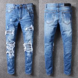 Men's Jeans American Street Fashion Men Retro Blue Stretch Slim Fit Hole Ripped Patch Designer Hip Hop Brand Pants Hombre