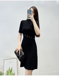 Maje Black Ribbed Short Cut Waist Button Short Sleeve Dress