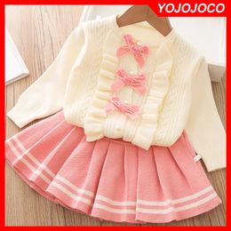 Clothing Sets Baby Girl Clothes Knitted Sweater Set 0-5Y Autumn Winter Girl Bowknot Cute Sweater Princess Knitwear Pleated Skirt 2-Piece Set 230927