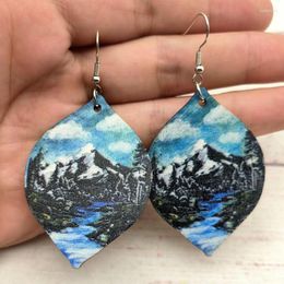 Dangle Earrings Vintage River Mountain For Women Single Side Print Wood Paysage Fashion Nature Jewelry Wholesale