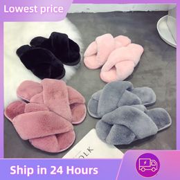 Slippers Winter Slippers Women Fashion Cross Fluffy Fur Slipper Home Slides Platform Flat Indoor Floor Flip Flops Women Ladies Shoes 230926