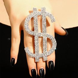 Wedding Rings Handmade Rhinestone 9cm 5cm Oversized Dollar Sign Open Hip Hop Jewelry For Women Crystal Adjustabel Large Finger Cuff Ring