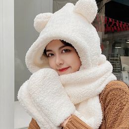 BeanieSkull Caps Cute Bear Ear Hat Scarf Gloves Set Winter Women Beanies Warm Casual Plush Hats Solid Fleece Girl Kawaii Present 230927