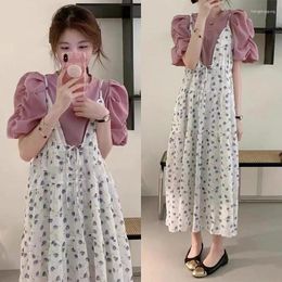 Work Dresses 2 Piece Set Women Summer Korean Style Chic O Neck Puff Sleeve Tops Loose Print Long Dress Suits