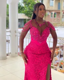 2023 Oct Aso Ebi Arabic Mermaid Fuchsia Prom Dress Beaded Lace Evening Formal Party Second Reception Birthday Engagement Gowns Dresses Robe De Soiree ZJ322