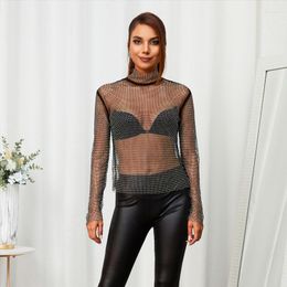 Women's T Shirts Leqoel Sexy Diamonds See Through Long Sleeve T-shirts For Women Fishnet Mesh Sheer Crop Top Mock Neck Tops Tee