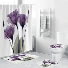 4PCS Flannel Surface Bathroom Mats Shower Curtain Non-Slip Rug Lid Toilet Cover Bath Mat Set Purple Flowers Print Decor Home T2007205G