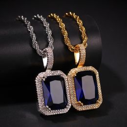 Iced Out Cubic Zirconia Necklace Pendant Pink Blue Green Red Square Ruby Pendant Necklace For Men Hip hop Jewelry218V