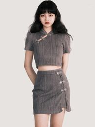 Work Dresses Summer Casual Button Retro Two Piece Set Women Hollow Out Midriff Sexy Mini Skirt Female Chinese Style Slim Suits 2023