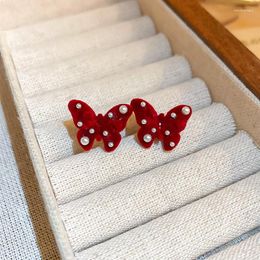 Stud Earrings Vintage Burgundy Colour Flocking Butterfly Pearl For Women Winter Fashion Bowknot Earing Christmas Year Jewellery