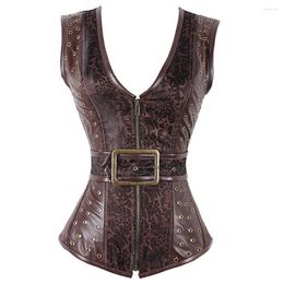 Bustiers & Corsets 2023 Brown Steampunk Corset Gothic Clothing Sexy Jacquard PU Leather Steel Boned Zip Buckle And