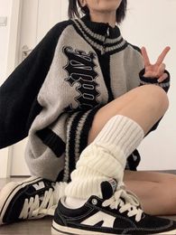 Women's Sweaters Vintage Y2k Zip Knitted Cardigan Women Loose Grey Striped Patchwork Letter Oversize Sweater Jumper Knitted Top sueters de mujer 230927