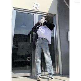 Women's Jeans Y2k High Waist Blue Pentagram Streetwear Korean Style Hip Hop Straight Denim Boyfriend