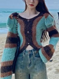 Women's Blouses Autumn Vintage Elegant Knit Tops Women Striped Korean Fashion Bodycon Female Button Long Sleeve Designer Casual