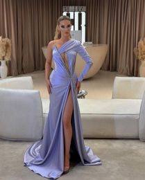 Sexy Plus Size Mermaid Prom Dresses Long for Women One Shoulder Satin Beaded Floor Length High Side Split Formal Occasions Pageant Dress Evening Party Birthday Gowns