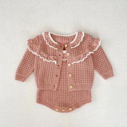 Cardigan Autumn Winter Baby Knitted Cardigan Lotus Collar Sweater Girl Children Solid Knitsuit Kid Casual Tops Infant Suspenders Bodysuit 230927