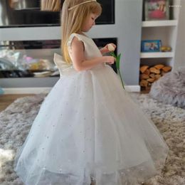 Girl Dresses Gossamer Flower Dress Princess Long Length The Round Neck Is Fluffy And Sleeveless Bow Pearls Kids Party Communion