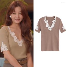 Women's T Shirts Kpop Korean Dramas Summer Sexy Lace Patchwork V-neck T-shirt Women Y2k Streetwear Casual Tee Short Sleeved Slim Knit Tops