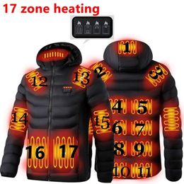 Men Winter Warm USB 17 zone Heating Jackets Smart Thermostat Pure Colour Hooded Heated Clothing Waterproof Warm Jackets