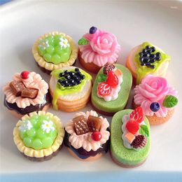 Decorative Flowers 10pcs Mini Simulation Cakes 3D Resin Chocolate Rose Strawberry Matcha Flower Grape Blueberry Cream Cake Fake Food Dessert