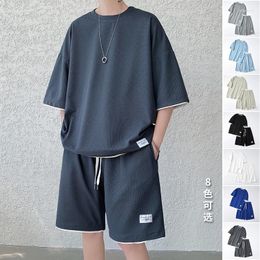 Men's Tracksuits M-4xl Mens Sets Summer Male O-neck Short Sleeve T Shirt Shorts 2pcs Suits Handsome Solid Colour Casual Clothes H53