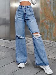 Women's Jeans Blue Loose Ripped Hight Waist Casual Fashion Streetwear Denim Straight Wide Leg Pants 2023 Trend