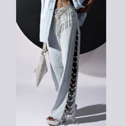 Women's Jeans 2023 Diamond Chain Long Thin Section Side Slit Casual Loose Straight Fashion Women