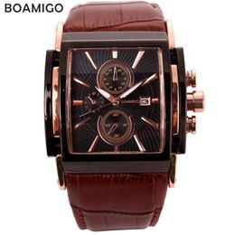 Boamigo Men Quartz Watches Large Dial Fashion Casual Sports Watches Rose Gold Sub Dials Clock Brown Leather Male Wrist Watches Y192954