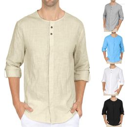 Men's Casual Shirts Fashion Baggy Cotton Blend Solid Color Long Sleeve Round Neck Elegant Men Tops Social Dress Shirt Breathable