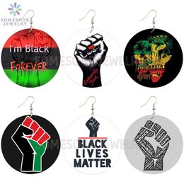 SOMESOOR Black Forever Power Fist Collections African Wooden Drop Earrings AFRO RASTA Sayings Designs Jewellery For Women Gifts261b