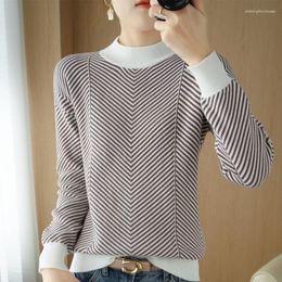 Women's Sweaters Pure Cotton Sweater Spring Autumn Half High Neck Knitted Pullover Loose And Thin Fashion Striped Color Matching Top