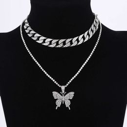 Hot selling set with diamond inlaid Cuban large butterfly necklace pendant neck chain hip-hop jewelry