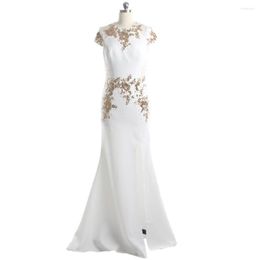 Party Dresses Evening White Jersey O-neck Short Sleeves Golden Appliques Mermaid Trumpet Floor Length Plus Size Lady Dress F257