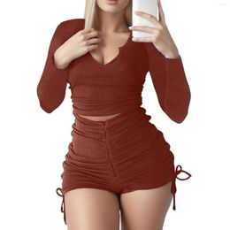 Women's Tracksuits Autumn Casual Solid Colour Slim Stretchy V Neck Long Sleeve Tops Zip Pleated Package Hip Shorts Tracksuit Two Piece Set