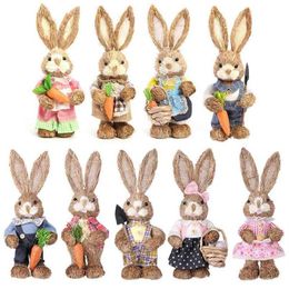 12 inch Artificial Straw Rabbit Ornament Standing Bunny Statue with Carrot for Easter Theme Party Home Garden Decor Supplies 210913443