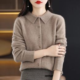 Women's Knits Tees Women's Lapel Pure Wool Cardigan Autumn And Winter Merino Cashmere Sweater Long Sleeve Formal Knitting Top S-XXL 230927