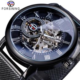 Forsining Retro Fashion Design Skeleton Sport Mechanical Watch Luminous Hands Transparent Mesh Bracelet For Men Top Brand Luxury202D