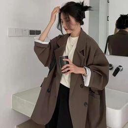 Women's Suits Blazers Vintage Brown Blazer Women Elegant Official Ladies Spring Autumn Fashion Long Sleeve Oversized Chic Casual Suit Jacket 230927