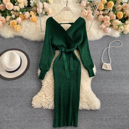 Casual Dresses Sexy Bright Batwing Long Sleeve Criss-cross V Neck Dress Chic Korean Knit Lace-up Vestido Autumn Winter Pencil Sweater