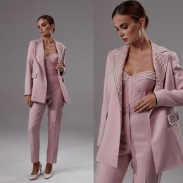 Fashion Show Women Pants Suits Pearls Beading Blazer Sets Loose 3 Pieces Custom Made For Lady Party Prom Wedding Wear
